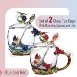 Floral Glass Tea Cups with Lids and Spoon Set