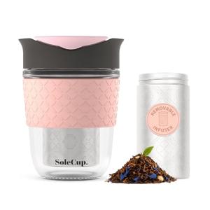 SoleCup. Travel Mug Loose Tea Infuser - Detachable Tea Strainer with Spillproof Lid - BPA-Free Reusable Glass Travel Coffee Cup with Silicone Band (Grey and Pink)