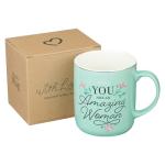 With Love Inspirational Coffee Mug for Women, You Are an Amazing Woman Teal/White Ceramic, 14oz