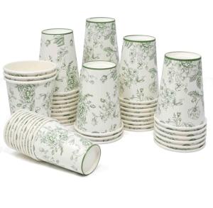 50 Pack Green Floral Paper Cups for Parties