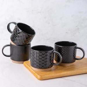 Stackable Black Ceramic Coffee Mugs Set of 4