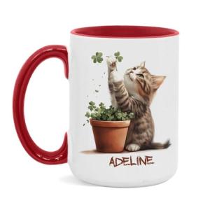 Customized Cat Mug with Name and Plant Design