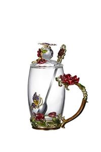 Rose Red Floral Glass Teacup with Lid and Spoon