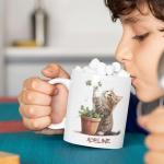 Customized Cat Mug with Name and Plant Design