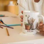 Customized Cat Mug with Name and Plant Design