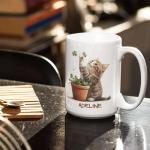 Customized Cat Mug with Name and Plant Design