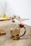 Rose Red Floral Glass Teacup with Lid and Spoon
