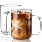 BWODYAY Glass Coffee Mugs, 20 oz Ice coffee cups, Large Clear Tea Cups Set of 2, Glass Mugs with Handles, Glass Cups for Latte, Cappuccino, and Tea