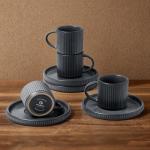 famiware Star Espresso Cups and Saucers Set of 4, [ Mini ] 3 oz Ceramic Small Coffee Mug with Handle, Ribbed Stoneware Demitasse Cup for Tea, Latte - Microwave & Dishwasher Safe - Matte Dark Charcoal