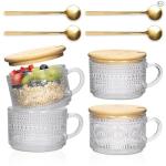 Vintage Glass Coffee Mugs with Bamboo Lids - 4-Pack