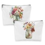 2 Pcs Flower Makeup Bag Cute Floral Travel Cosmetic Bag Set, Tea Cups With Roses Romantic Print Pencil Pouch Aesthetic Portable Toiletry Bags Organizer for Women Friend Coworker Sister Mom Bestie