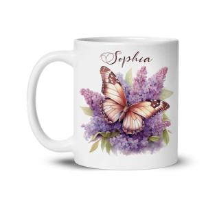 Elegant Butterfly and Flowers Coffee Mug 11oz 15oz, Custom Name Nature Inspired Cup, Personalized Lilac Flowers White Mug, Butterfly Ceramic Cup, Gifts for Girl Women