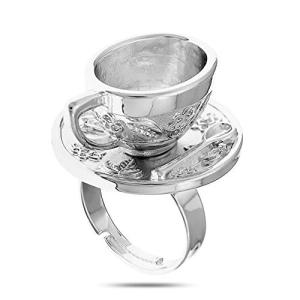 RechicGu Polish Silver Vintage Fairytale 3D Tea Cup Saucer Ring Party Fairy Tale Hatter Wonderland Cosplay Fancy Dress