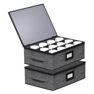 Aokeyee 2-Pack Cup and Mug Storage Box, Hard Shell China Storage Containers - Holds 24 Coffee Mugs, Tea Cups & Glasses, Stackable Organizers with Lid, Handles, Zippers & Label for Moving