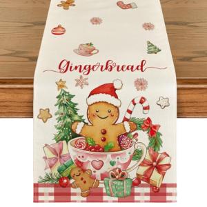 Artoid Mode Gingerbread Man Teacup 210 GSM Christmas Table Runner, Seasonal Winter Kitchen Dining Table Decoration for Home Party Decor 13x120 Inch