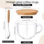 Sliner 6 Sets 16 oz Fall Large Glass Coffee Mugs Gifts with Bamboo Lids Spoons Handle Vintage Clear Glass Tea Cups Jumbo Cute Coffee Bar Accessories for Thanksgiving Hot Cold Iced Beverage Glassware