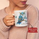 Custom Name Bird Lover Coffee Mug 11oz 15oz, Personalized Fantasy Owl Ceramic Cup, Nature Inspired White Mug for Women, Floral Design Cup, Gifts for Owl Lovers