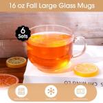 Sliner 6 Sets 16 oz Fall Large Glass Coffee Mugs Gifts with Bamboo Lids Spoons Handle Vintage Clear Glass Tea Cups Jumbo Cute Coffee Bar Accessories for Thanksgiving Hot Cold Iced Beverage Glassware