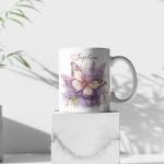 Elegant Butterfly and Flowers Coffee Mug 11oz 15oz, Custom Name Nature Inspired Cup, Personalized Lilac Flowers White Mug, Butterfly Ceramic Cup, Gifts for Girl Women