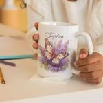Elegant Butterfly and Flowers Coffee Mug 11oz 15oz, Custom Name Nature Inspired Cup, Personalized Lilac Flowers White Mug, Butterfly Ceramic Cup, Gifts for Girl Women