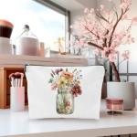 2 Pcs Flower Makeup Bag Cute Floral Travel Cosmetic Bag Set, Tea Cups With Roses Romantic Print Pencil Pouch Aesthetic Portable Toiletry Bags Organizer for Women Friend Coworker Sister Mom Bestie