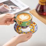 Bohemian Ceramic Cappuccino Cups with Saucers - Set of 6