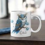 Custom Name Bird Lover Coffee Mug 11oz 15oz, Personalized Fantasy Owl Ceramic Cup, Nature Inspired White Mug for Women, Floral Design Cup, Gifts for Owl Lovers