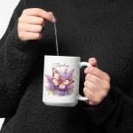 Elegant Butterfly and Flowers Coffee Mug 11oz 15oz, Custom Name Nature Inspired Cup, Personalized Lilac Flowers White Mug, Butterfly Ceramic Cup, Gifts for Girl Women