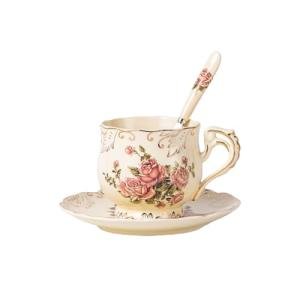 YOLIFE Tea Cup and Saucer Set, 8 oz Tea Cup Set, Teacup, Ceramic Tea Cup with Suacer Spoon, Ivory Vintage Rose Floral with Gold Leaves Trim, Gifts for Women