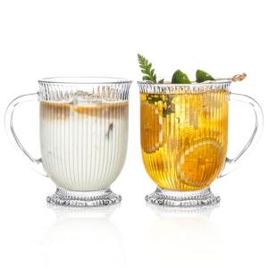 KEMORELA Ribbed Glass Coffee Mug Set, 16oz Clear Glass Mugs with Handle, Bar Accessories, Durable Drinkware for Hot Beverages, Set of 2 Coffee Mugs