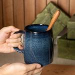 TaoTaojarvie Ceramic Coffee mugs, 22 oz, Extra Large Mugs, Big Tea Cups, Large Handle, Pottery Mugs, Big Belly, Transmutation Glaze，Wide Bottom, stripe pattern, Microwave and Dishwasher Safe. (Blue)