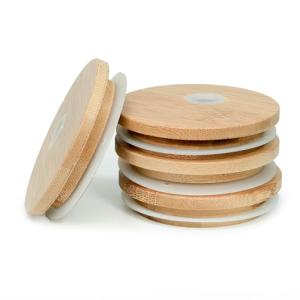 TERESRY 4 Pack Bamboo Lids for Glass with Straw Hole, 2.75 inch/70 mm Wooden Lids for 16 OZ Beer Can Cups, Replacement Canning Lids for Regular Mouth 20 OZ 24 OZ Glass