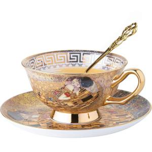 Ebrima Bone China Cup & Saucer Set, European Tea Cup Set with Spoon, Vintage Ceramic Coffee Cups for Home, Kitchen, Wedding, Christmas Gift