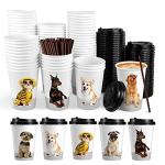 KPX 72 Sets Disposable Coffee Cups with Lids, White Brown To Go Paper Cups, 16 Ounce Hot Drink Cups with Lids & Straws for Office Parties Home Travel (Dog Theme)