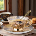 Ebrima Bone China Cup & Saucer Set, European Tea Cup Set with Spoon, Vintage Ceramic Coffee Cups for Home, Kitchen, Wedding, Christmas Gift