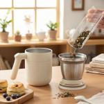 Vynrik Tea Infuser Cup doubles as Insulated Coffee Mug,Tea Cup with Lid and Handles,Removable Stainless Steel Tea Strainers for Loose Tea (WHITE)