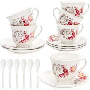 WRINGKIT Tea Cups and Saucers Set of 6, 8 Oz Porcelain Floral Tea Cups with Gold Trim Spoon, Bone China Coffee Cup Saucer Gift Set for Cappuccino, Espresso, Latte, Cafe Mocha