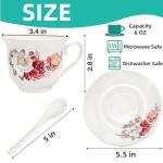 WRINGKIT Tea Cups and Saucers Set of 6, 8 Oz Porcelain Floral Tea Cups with Gold Trim Spoon, Bone China Coffee Cup Saucer Gift Set for Cappuccino, Espresso, Latte, Cafe Mocha