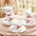 WRINGKIT Tea Cups and Saucers Set of 6, 8 Oz Porcelain Floral Tea Cups with Gold Trim Spoon, Bone China Coffee Cup Saucer Gift Set for Cappuccino, Espresso, Latte, Cafe Mocha