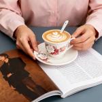 WRINGKIT Tea Cups and Saucers Set of 6, 8 Oz Porcelain Floral Tea Cups with Gold Trim Spoon, Bone China Coffee Cup Saucer Gift Set for Cappuccino, Espresso, Latte, Cafe Mocha