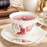 WRINGKIT Tea Cups and Saucers Set of 6, 8 Oz Porcelain Floral Tea Cups with Gold Trim Spoon, Bone China Coffee Cup Saucer Gift Set for Cappuccino, Espresso, Latte, Cafe Mocha