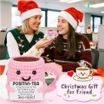 Mini Positive Crochet Tea Cup Birthday Gifts for Women Friend Sister, Bosses Day Christmas White Elephant Gifts for Teen, Emotional Cheer Up Support Gifts for Coworker Handmade Cute Stocking Stuffers