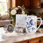 AmorArc Porcelain Tea Mug with Infuser and Lids, 18 Oz Coffee Cup Strainer with Bag Holder for Loose Leaf Tea, Steeping Coffee Mug for House-warming Wedding Birthday Gift