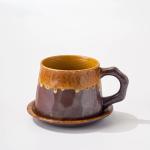 10oz Unique Vintage Retro Handmade Ceramic Cappuccino Barista Cup with Saucer –Rustic Stoneware Coffee Mug, Lead-Free Latte Art Mug，Handmade ceramic cappuccino cups or tea cup, Brown