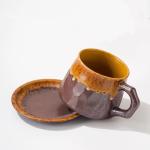 10oz Unique Vintage Retro Handmade Ceramic Cappuccino Barista Cup with Saucer –Rustic Stoneware Coffee Mug, Lead-Free Latte Art Mug，Handmade ceramic cappuccino cups or tea cup, Brown