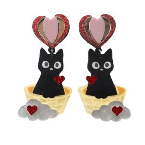 Valentine's Day Earrings Glitter Heart Dangle Earrings Ice Cream Cake Milk Tea Coffee Cup Animal Black Cat Dice Earrings-1