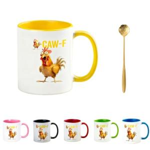 LZDDYWPH Caw-F Coffee Mug, Funny Chicken Mug-11oz Ceramic Colorful Cup with Colored Handle, Farm Animal Theme, Gift for Chicken Lovers (Yellow)
