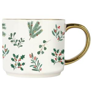 Sweet Water Decor Holiday Greenery Coffee Mug, 14oz China Christmas Mug with Gold Handle, Large Holiday Winter Cup for Coffee, Tea & Hot Chocolate, Stocking Stuffer Gifts for Women