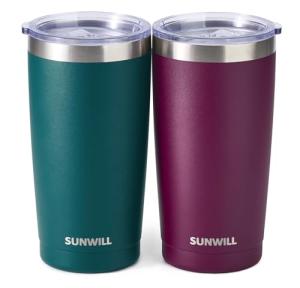 SUNWILL Travel Coffee Mug with Lid, 20 oz Tumbler Set of 2, Insulated Stainless Steel Cup for Drinks， Water, Tea, Powder Coated Forest Green & Plum