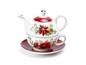 Poinsettia Pine Cone Fine Porcelain Tea For One Set, Christmas Red Poinsettia Collection, Solo Tea, Holiday Afternoon Tea, Seasonal Gift